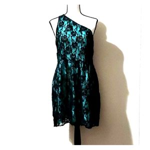 Mac + Jac L one shoulder teal lace dress